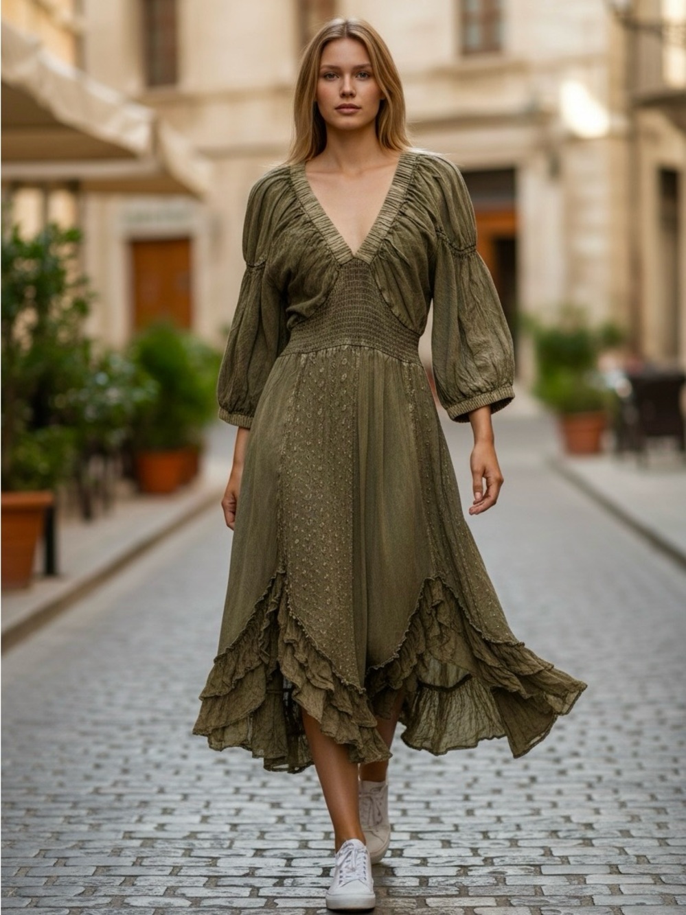 Young Threads V-Neck Olive Green Ruffled High-Low Midi Dress NWT
